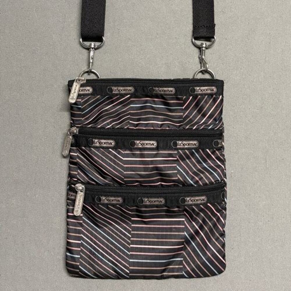 LeSportsac Black Striped Crossbody Travel‎ Bag Multicolor 3 Zipper Adjustable